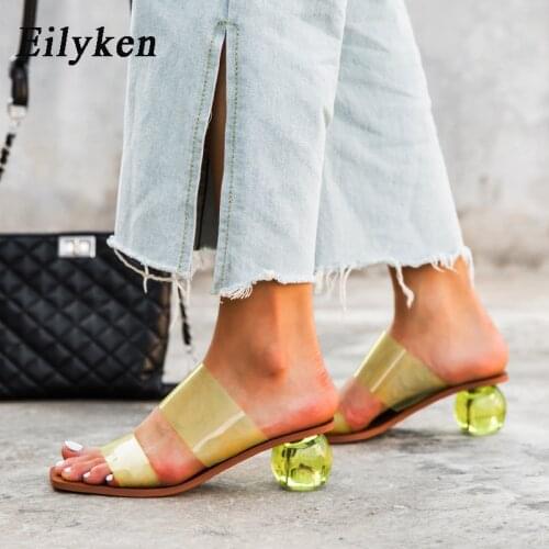 Eilyken Ball Heel Design Women Slippers Fashion Leopard Square Toe PVC Mules Summer Gladiator Sandals Beach Female Clear Heels