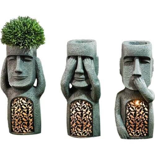 H58C No See/Hear/Speak Evil Garden Easter Island Statue Flower Pot with LED Light Sculpture Planter Outdoor Decoration