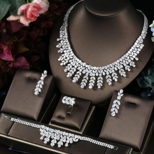 Janekelly 4pcs Bridal Zirconia Full Jewelry Sets For Women Party, Luxury Dubai Nigeria CZ Crystal Wedding Jewelry Sets
