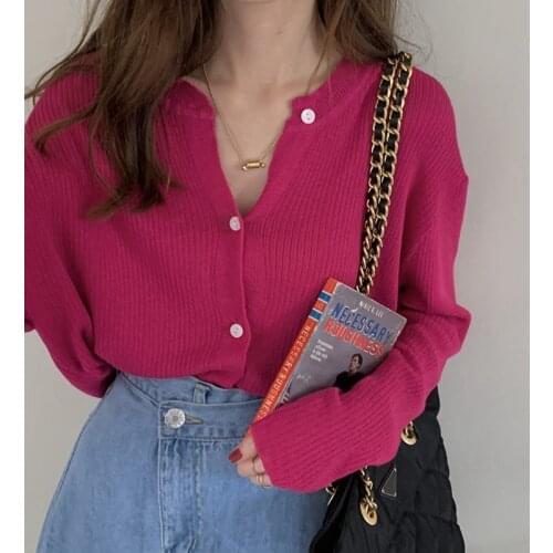 Korean Pitaya Color Ribbed Knitted Cardigan Women Autumn Long Sleeve Basic Cropped Sweaters Female Casual Tops