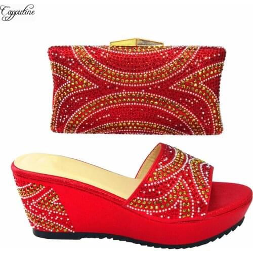 Red Women Shoes And Bag Set To Match African Wedge Heels Ladies Pumps With Purse Handbag Platform Slippers Clutch CR665 8CM