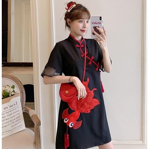 New Improved Cheongsam Retro Loose Black Stand-up Collar Buckle Short Sleeve Mini Dress Chinese Style Vintage Summer Short Qipao