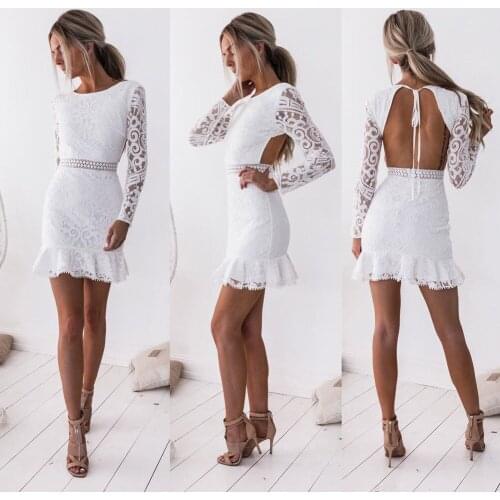 Fashion Women Ladies Ruffles Lace Mini dress Elegant long sleeve Bodycon Bandage Formal Party white Dress backless club vestido