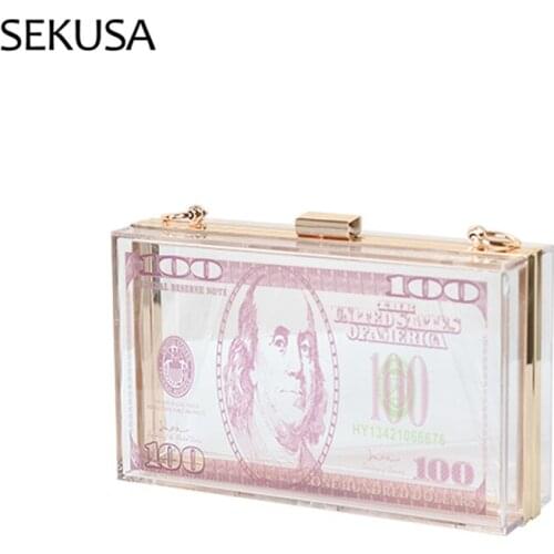 Cash Dollar Money Women Small Day Clutch Plastic Flap Letter Metal Chain Evening Bags Acrylic Party Purse
