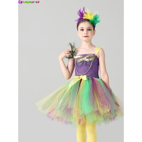 Beaded Girls Mardi Gras Outfit Peacock Feather Tutu Dress with Headband Kids Mardi Gras Carnival Halloween Dress Up Fancy Dress