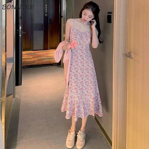 Sleeveless Dresses Women Print Sweet Girls Casual V-Neck Summer Sexy Ladies Clothes High Waist All-match Harajuku Elegant Retro