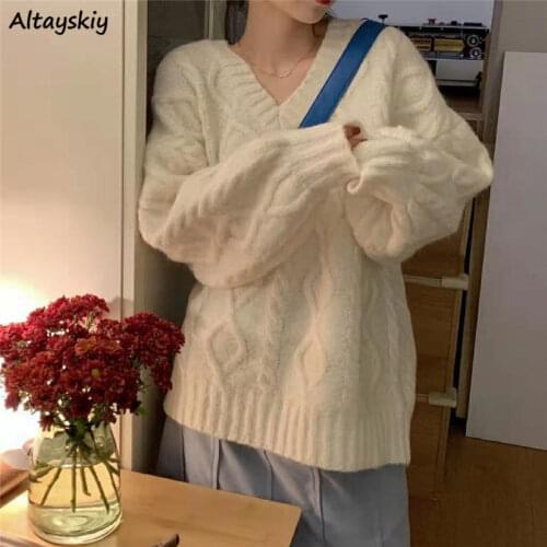 Pullovers Women Autumn Winter Sweaters V-Neck Stylish Sheer Vintage Oversize Loose Casual Elegant Retro All-match Womens Chic