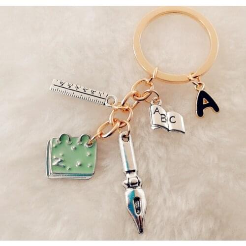 Pen ruler book keychain with notebook keychain, teacher keychain, teacher scholar A-Z letter gift jewelry