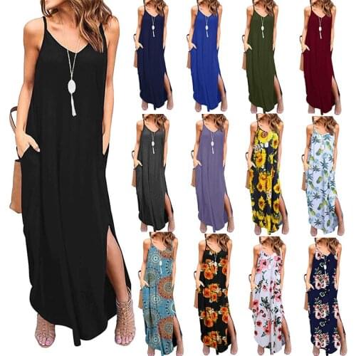 18 Colors Women Casual Spaghetti Strap Dress Summer V neck Pocket Sling Party Maxi Dress Floral Printed Loose Elegant Sundress