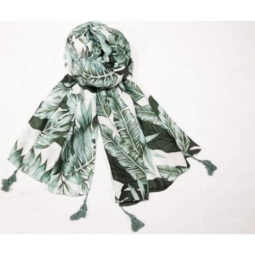 2020 New Cotton Green Leaf Print Tassel Scarves Shawls Wrap Women Travel Soft Leaves Pattern Scarf Hijab Free Shipping