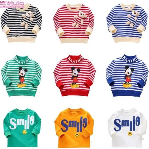 Striped Mickey Pocket Bear Baby Girls Boys Sweatshirt Autumn Childrens Clothes O-neck Long Sleeve Tee Shirts Kids Sweater Tops
