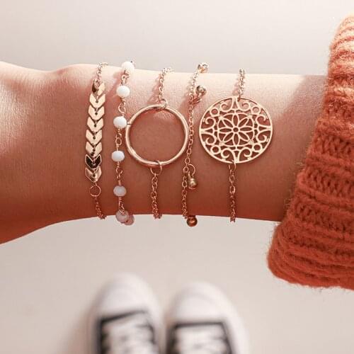 Creative 5Flower Hollow Arrow Leaves Women Tassels Leaves Circular Chains Bangle Jewelry Leaves Moon Hand Chain Charm Bracelet