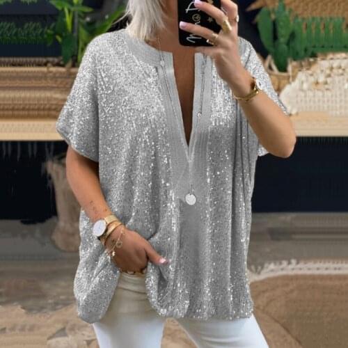 Sexy V-Neck Loose Pullover Tops Streetwear Blusa New Summer Short Sleeve Female Solid Shirt Fashion Sequin Women Casual Blouses