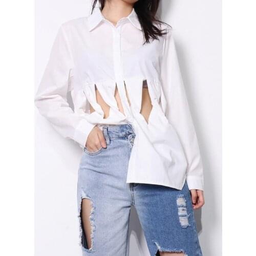 Summer Streetwear Women Long Sleeve Button Up Loose Hollow Out Waist Blouse 2021 Female Solid White Shirts Casual Chic Tops