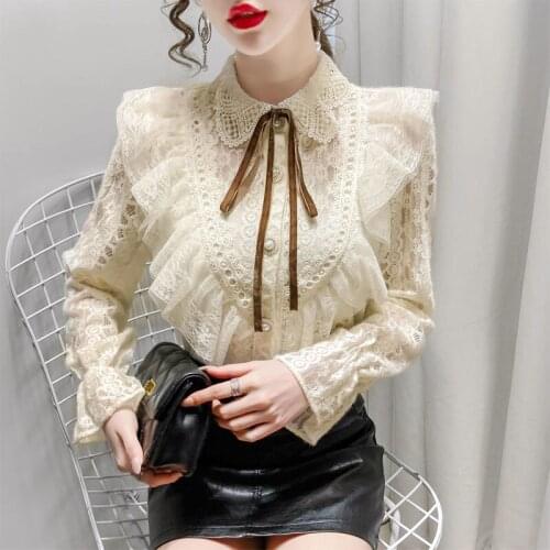 2021 Spring Woman Petal Sleeve Stand Collar Flower Lace Shirt Female All-match Lace White Blouse Tops Ladies Casual Shirts H1116