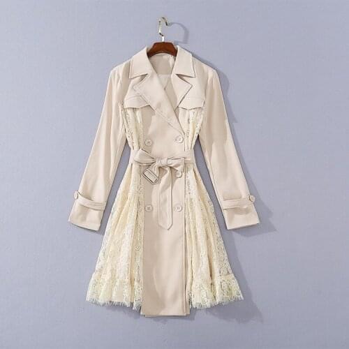 European and American womens clothing 2020 summer new style Long sleeve Double-breasted stitching lace fashion Trench coat