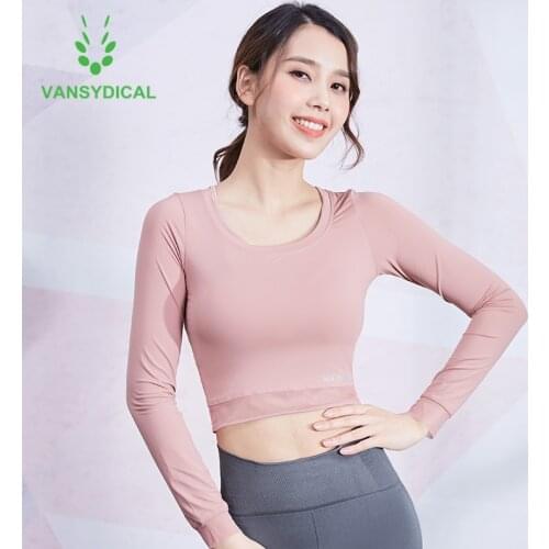 Vansydical Womens Mesh Yoga Shirts Long Sleeve Shirt Gym Sexy Cropped Top Running Fitness Workout Sports T-shirts Slim Yoga Top