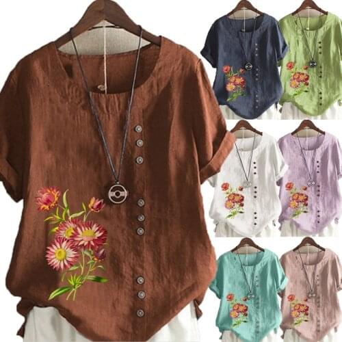 Womens New Fashion Summer Floral Printed Round Neck Short Sleeve T-shirt Casual Loose Solid Color Blouse Tops Plus Size