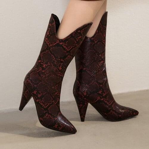 2021 Winter Women Mid Calf Boots Fashion Snake Print Square High Heel Boots Ladies Slip On Pointed Toe Autumn Shoes