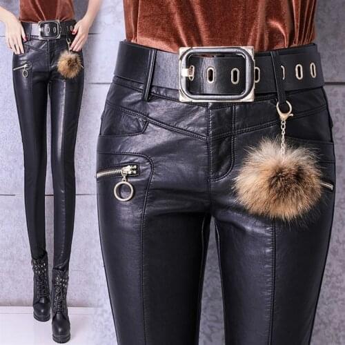 Women PU Leather Pants 2020 New Autumn High Waist Pants Faux Leather Skinny Pencil Pant Sashes pockets Tight Trousers Black P513