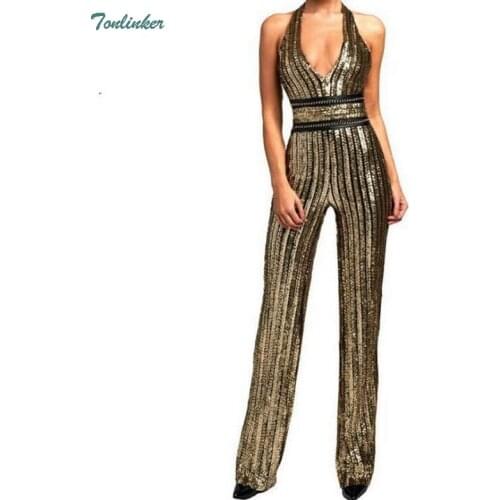 Gold Red Sequin Jumpsuit Long Pants Sexy Party Suit V Neck Backless Women Clubwear Bodysuit Overalls Macacao Feminino S-L