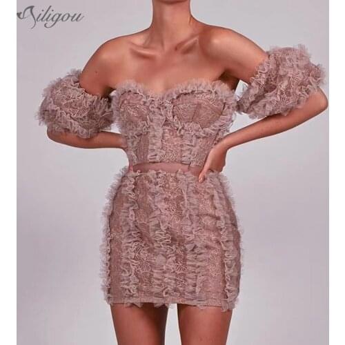 Ailigou 2021 Fashion High Quality Champagne Mini Dress Pleated Design Sexy Off Shoulder Celebrity Party Lace Dress Vestido