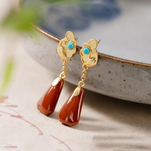 Bastiee Silver Earrings 925 Women Red Agate Earings Fashion Jewelry Dangle Earrings Golden Plated