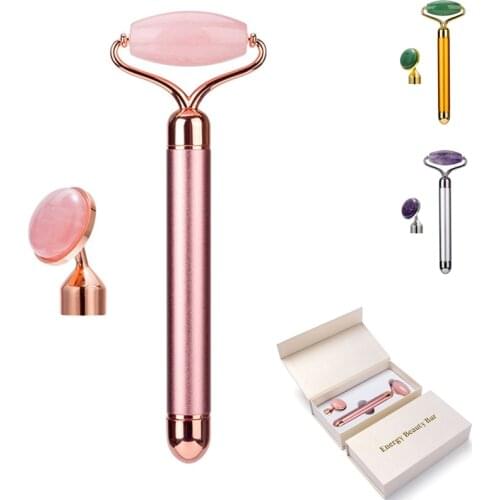 2 in 1 Electric Vibrating Natural Rose Quartz Jade Roller Face Lifting Crystal Jade Stone Facial Roller Beauty Massage Tool