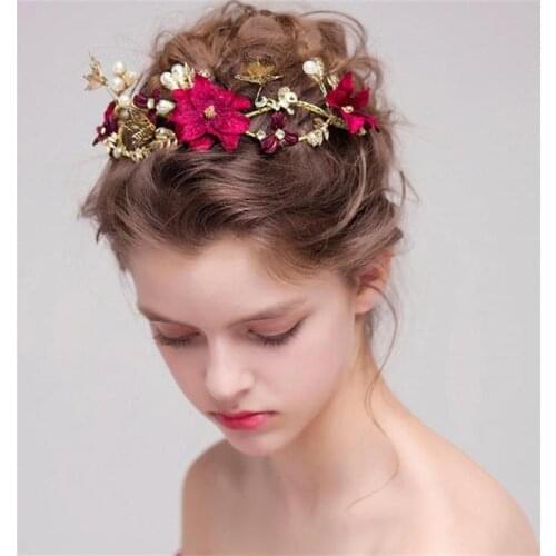 Bridal Wearing Rhinestone Simulation Flowers Beads Headband Women Tiaras and Crowns Headpiece Wedding Hair Jewelry Accessories