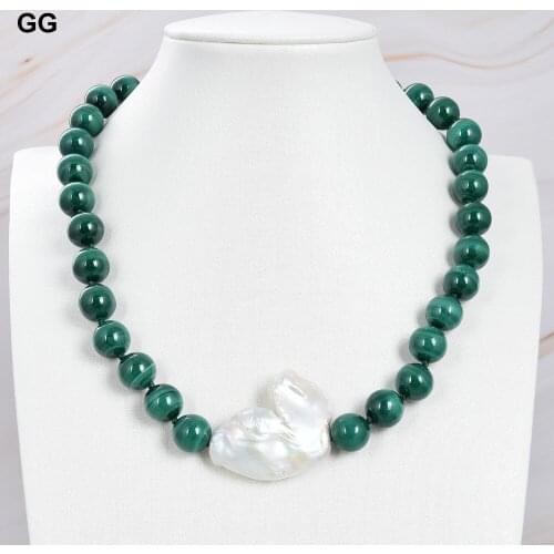 GuaiGuai Jewelry Natural Round Green Malachite Freshwater White Keshi Pearl Necklace 17"