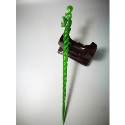 EXQUISITE CHINESE OLD HAND CARVING NATURAL GREEN JADE PHOENIX HAIRPIN