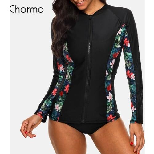 Charmo Women Long Sleeve Zipper Rashguard Swimsuit Floral Print Rush guard Swimwear Surfing Top Rash Guard Running Shirts UPF50