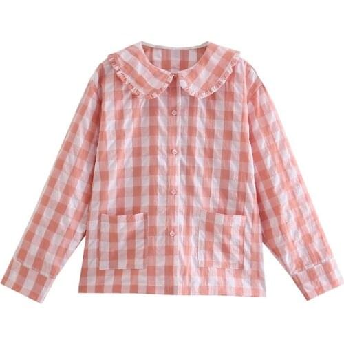 MESTTRAF Women 2021 Fashion Doll Collar Check Print Top Retro Long Sleeve Loose Casual Home Shirt Streetwear