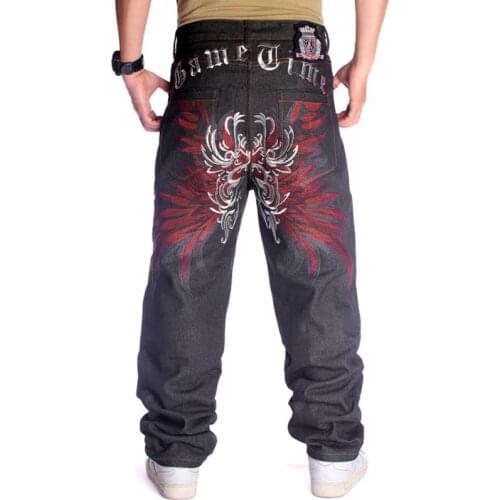 Plus Size Waist 30-46 Inch Skateboard Mens Jeans Wide-Leg Loose Hip Hop Embroidered Flower Wings Male Denim Pants Tide Trousers