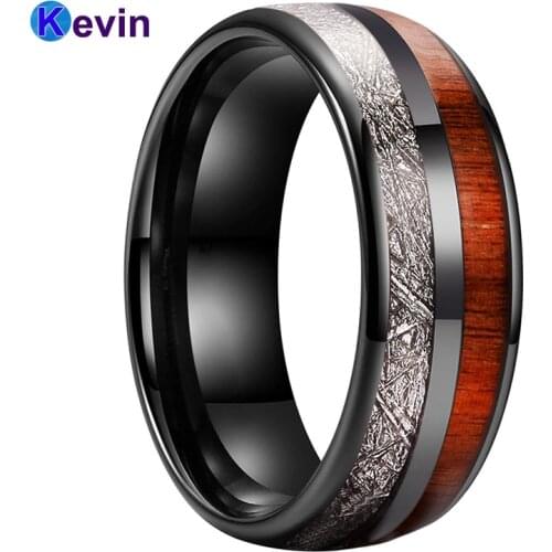 Men Wedding Ring Black Tungsten Ring Double Grooves With Wood And Meteority Inlay