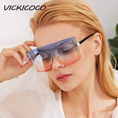 Flat Top Rimless Sunglasses Women Fashion Brand Designer Oversized Square Sunglasses Gradient Blue Pink Shades Lunette De Soleil