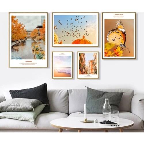 Nordic Orange Landscape Combination Modular Print Picture Wall Art Canvas Paintings Decoration for Living Room No Framed