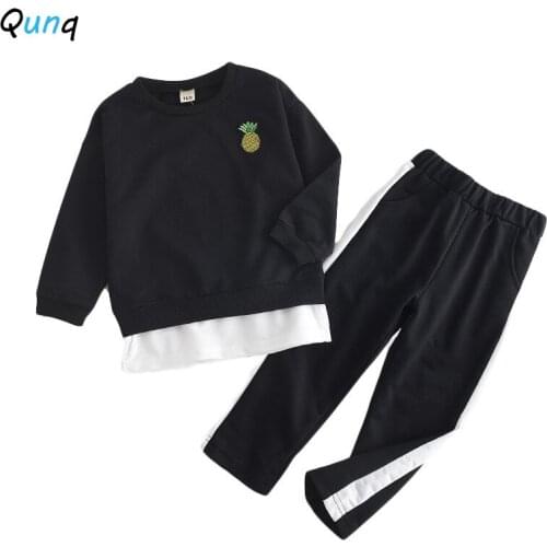Qunq Girls Sport Suits Black Color Sweatshirt Pant Two Piece Kids Clothes for Girl Spring Fall Casual Children Clothing Set