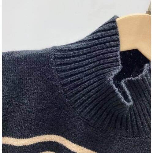 Spring/Summer 2021 New Sweater Half-high Collar Shoulder Buckle Striped Knitted Pullover