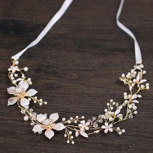 Flower Leaf Crystal Rhinestone Headbands for Women Wired Pearls Hairband Jewelry Bride Bridal Wedding Hair Accessories FORSEVEN