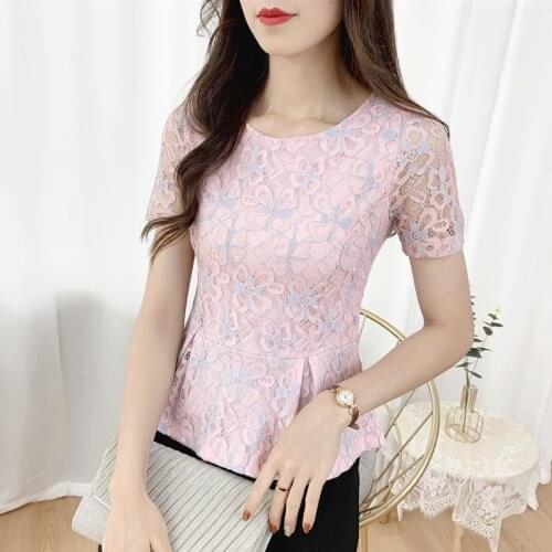 Pink T Shirt Female Hollow Out Lace Ladies Summer Top 2021 Korean Women Clothes Solid Color Short Sleeve Casual Femme Y683