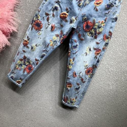 Woman Jeans High Waist Slim Loose Harem Pants Korean Style Vintage Floral Printed Female Long Denim Trousers 2020 Fashion BC119