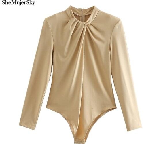 SheMujerSky Women Long Sleeve Khaki Bodysuit Ruched O-neck Slim Elastic Jumpsuits 2020 Ladies Skinny Bodysuits