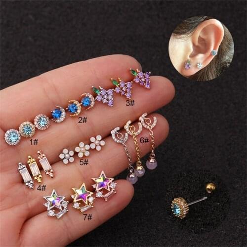 1pc Cz Star Moon Flower Stud Earrings Women Love Heart Ear Bone Tragus zircon Helix Piercing Cartilage Anti allergy Jewelry