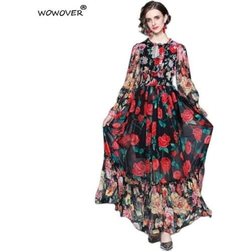 Women Elegant Rose Floral Print Chiffon Long Maxi Dress Runway Designers Bohemian Robe Femme Vintage Party Holiday Vestidos