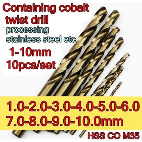 1-2-3-4-5-6-7-8-9-10mm 10pcs/set HSS CO5% M35 Containing cobalt Twist drill Processing: stainless steel and steel, etc