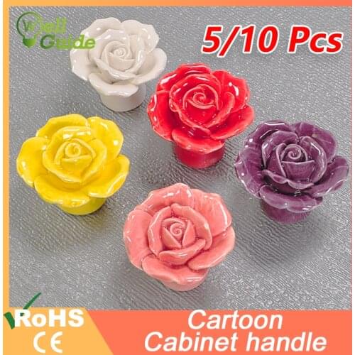 5/10Pcs Rose Cartoon Children Room Ceramic Cabinet Knobs Moon Star Wardrobe Handle Garden Door Handle Cabinet Handles for Kids