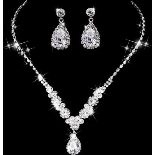 Luxury Female White Crystal Jewelry Set Charm Silver Color Wedding Dangle Earrings For Women Cute Bridal Geometry Chain Necklace