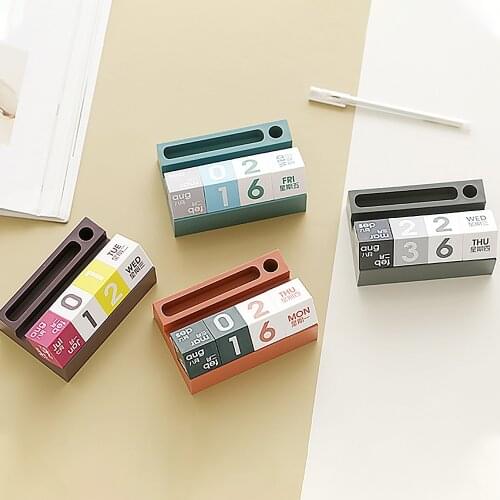 Fashion Desktop Perpetual Calendar Blocks with Pen Phone Holder for Home Office Study Room Diy Yearly Planner Desk Supplies
