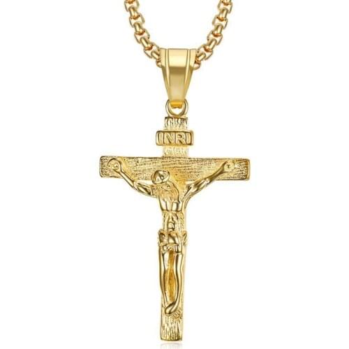 Religious INRI Crucifix Jesus Cross Pendant Necklaces Male Gold Color Stainless Steel Chains For Men Christian Jewelry Dropship